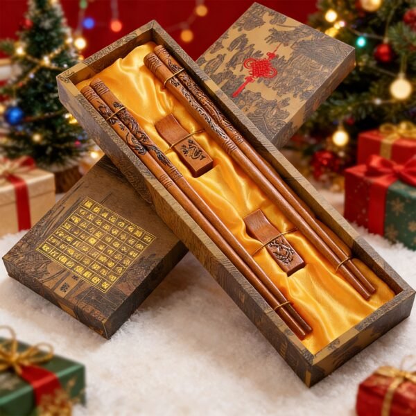 07221430-47bc-4f33-84a6-bcc8e6de2f22.jpg 2 Pairs Chinese Traditional Dragon Phoenix Chopsticks Set - Hand-Carved Wooden Reusable Chopsticks with Wooden Box, Non-Slip Grip