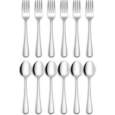 12pcs Fork and Spoon Silverware Set, Food-Grade Stainless Steel Cutlery Set