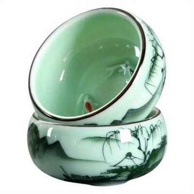 1700708065604-32ae3205cccf4759ad98947eb77f4d46-goods.jpeg 80ml/2.82oz Traditional Celadon Hand-painted Landscape Teacup Ceramic for Lotus Carp Tea Set Double-fish Chinese Tea Master Cup