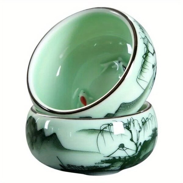 1700708065604-32ae3205cccf4759ad98947eb77f4d46-goods.jpeg 80ml/2.82oz Traditional Celadon Hand-painted Landscape Teacup Ceramic for Lotus Carp Tea Set Double-fish Chinese Tea Master Cup