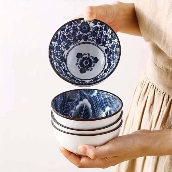 6pcs Elegant Blue and White Ceramic Bowl Set - Modern Asian-Inspired Japanese/Chinese-Style Tableware with Sturdy Gift Box, 4.5-Inch Round Durable Rice Bowls
