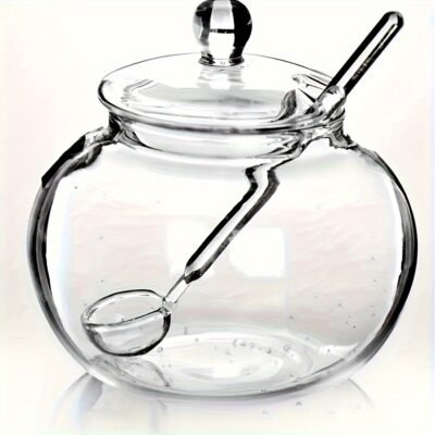 250ml Clear Glass Sugar Bowl with Spoon- Transparent Spice Jar for Kitchen