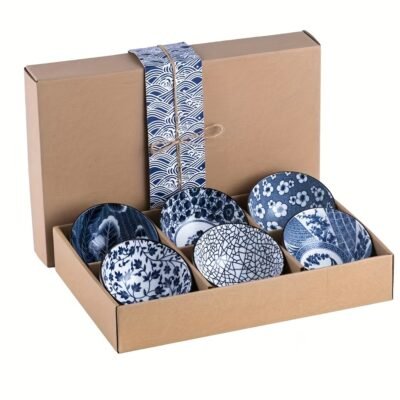 6pcs Elegant Blue and White Ceramic Bowl Set - Modern Asian-Inspired Japanese/Chinese-Style Tableware with Sturdy Gift Box, 4.5-Inch Round Durable Rice Bowls