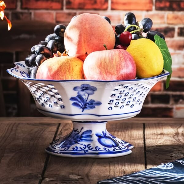 Fruit Bowl Fruit Serving Plate Blue And White Porcelain Decorative Bowl with Foot