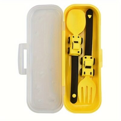 7a4047bf-5616-4352-9da6-f6714c000429.jpg 1pc Cartoon Engineering Vehicle Themed Fork and Spoon Set with Portable Storage Box - Durable PP Material