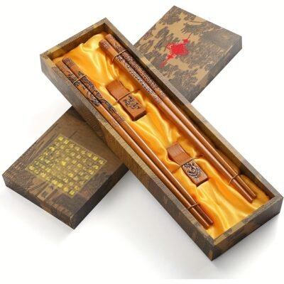 7ea6d13b-55b4-4958-b1e1-2d53711c33f0.jpg 2 Pairs Chinese Traditional Dragon Phoenix Chopsticks Set - Hand-Carved Wooden Reusable Chopsticks with Wooden Box, Non-Slip Grip