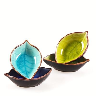 4pcs Set of Ceramic Leaf-Shaped Seasoning Dishes, Leaf-Shaped Ice-Cracked Sauce Dishes, Multi-Purpose Tableware