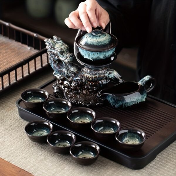 940527ea-43bb-4aac-9403-a977ca515caf.jpg 1 Set, Creative Dragon, Kiln-turned Ceramic Lazy Tea Set, Fully Automatic Rotating Water Teapot, Magnetic Water Drawing Teapot, with 8 Tea Cups, Tea Tray