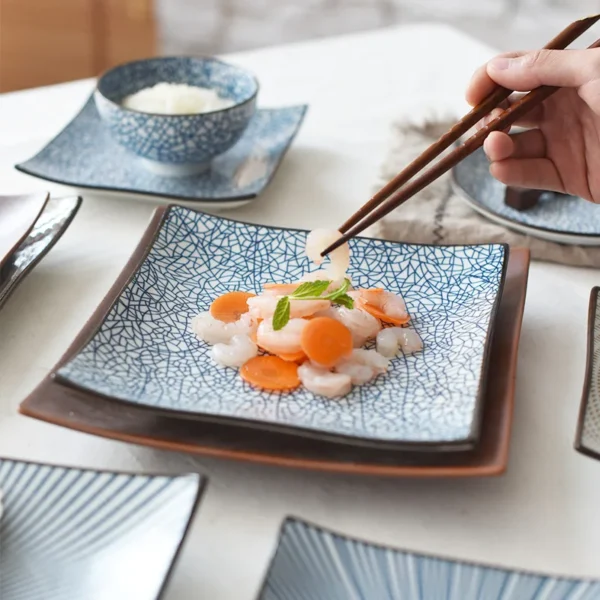 Japanese Ceramic Square Shape Dinner Dish Plate Crockery Ceramic Dinnerware Blue and White Bone China