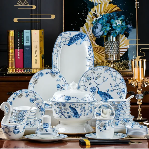 Blue And White Porcelain Tableware Set 60pcs Ceramics Dish Sets Full Set Luxury China Dinnerware Set