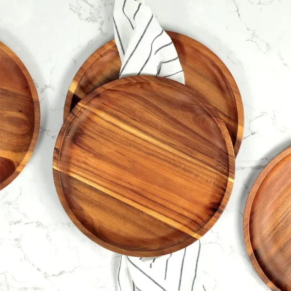 25cm Acacia Wood Round Wooden Dinner Tray Easy To Clean, Pizza Salad Tray Fruit Dessert Tray, Snack Tray, Stackable, Reusable
