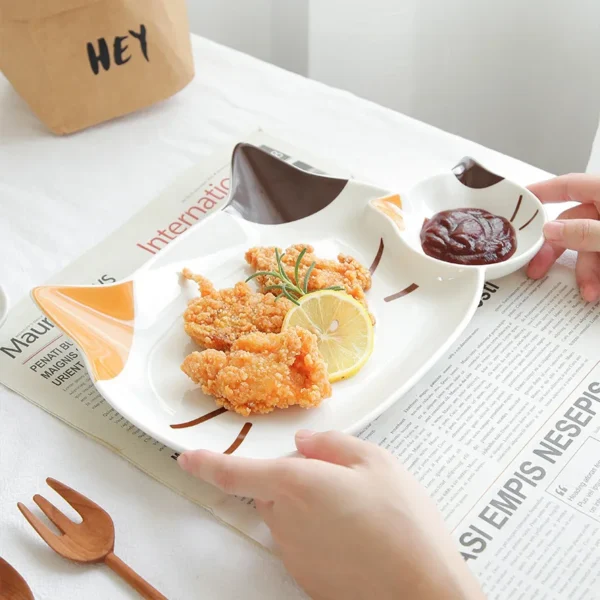 Japanese Cat Kid Dinner Plate Cartoon Divided Plate Dessert Fruit Tray Dumpling with Sauce Dish One Person Crockery - Assorted Colors
