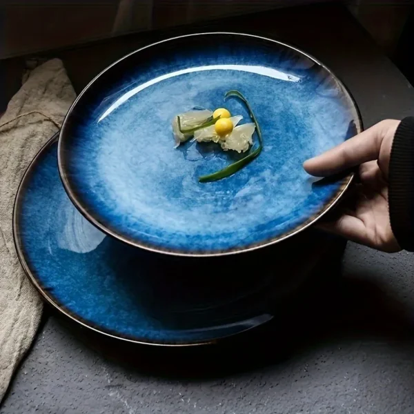 S8ed413faca064f13b58d3f1c1686ed244.webp 1pcs Ceramic Dinner Plate Blue Klin Glazed Flat Round 10inch Plate