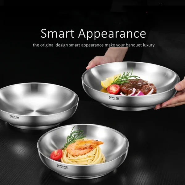 S9519745427124f92a5241eb2658d68f84.webp Ultra Thick 304 Stainless Steel Banquet Plate LFGB Certification Heat Insulation Dinner Dish Fall Resistant Baby Tableware