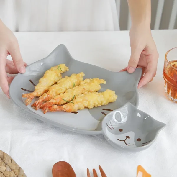 Japanese Cat Kid Dinner Plate Cartoon Divided Plate Dessert Fruit Tray Dumpling with Sauce Dish One Person Crockery - Assorted Colors