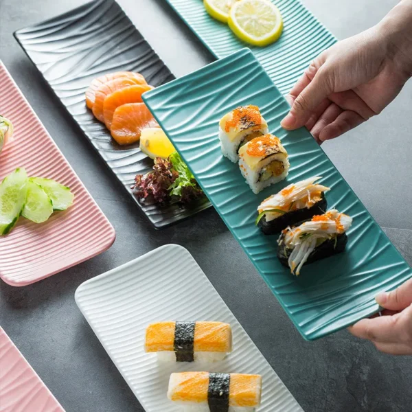 Sa430ee5b4aec4e58a92ede68ad1d2650o.webp Assorted Color Nordic Ceramic Rectangular Sushi Long Plate Dessert Cake Snack Pastry Western Food Salmon Sashimi Grilled Chicken Wings Plate