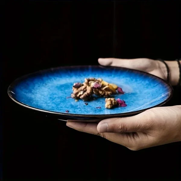 Saf77d8f08c3f4f00adc585a06579b0c4g.webp 1pcs Ceramic Dinner Plate Blue Klin Glazed Flat Round 10inch Plate