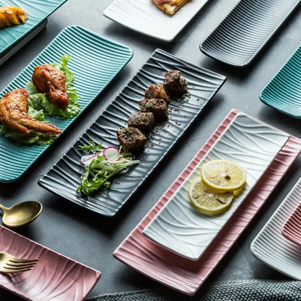 Scc645572431b4e7fa476aaee284ffbbbC.webp Assorted Color Nordic Ceramic Rectangular Sushi Long Plate Dessert Cake Snack Pastry Western Food Salmon Sashimi Grilled Chicken Wings Plate