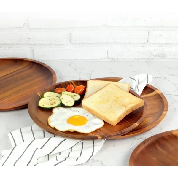 25cm Acacia Wood Round Wooden Dinner Tray Easy To Clean, Pizza Salad Tray Fruit Dessert Tray, Snack Tray, Stackable, Reusable