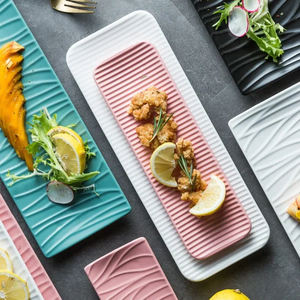 Sfb7f5e3207584e84a4c08b7603329248u.webp Assorted Color Nordic Ceramic Rectangular Sushi Long Plate Dessert Cake Snack Pastry Western Food Salmon Sashimi Grilled Chicken Wings Plate