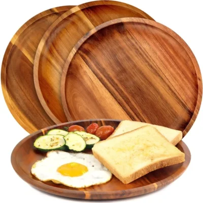 25cm Acacia Wood Round Wooden Dinner Tray Easy To Clean, Pizza Salad Tray Fruit Dessert Tray, Snack Tray, Stackable, Reusable