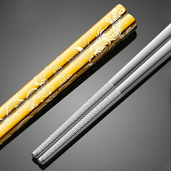 b0220462-48a0-4718-80b6-b20eca29e521.jpg Pair of Portable Chopsticks, 304 Stainless Steel Metal Chopsticks, Dragon and Phoenix Pattern Laser Engraving, Dishwasher Safe, Reusable, Non-Slip
