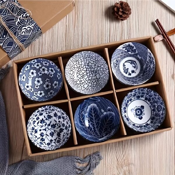 6pcs Elegant Blue and White Ceramic Bowl Set - Modern Asian-Inspired Japanese/Chinese-Style Tableware with Sturdy Gift Box, 4.5-Inch Round Durable Rice Bowls