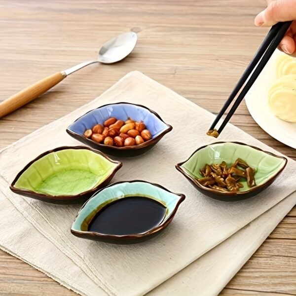 4pcs Set of Ceramic Leaf-Shaped Seasoning Dishes, Leaf-Shaped Ice-Cracked Sauce Dishes, Multi-Purpose Tableware
