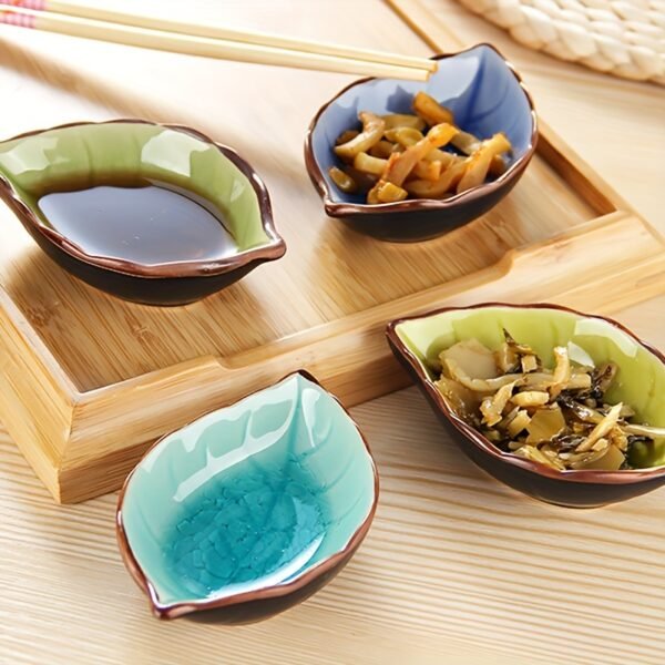 4pcs Set of Ceramic Leaf-Shaped Seasoning Dishes, Leaf-Shaped Ice-Cracked Sauce Dishes, Multi-Purpose Tableware