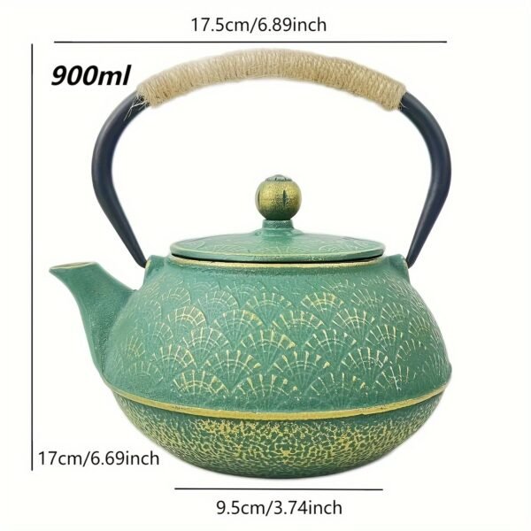 c5df4f53-d47d-4f49-bb07-8fb6b089990e.jpg 900ml Green Golden Fan-Shaped Glossy Cast Iron Enamel Teapot, Enamel Teapot, Tea Brewing, with Stainless Steel Strainer, Removable Filter