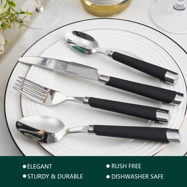 cd99f212-b89b-48fe-b0c0-12829e6ca4b6.jpg 16pcs Stainless Steel Cutlery Set for 4 People, Featuring Plastic Round Handles - Includes 4 Forks, 4 Knives, 4 Spoons, And 4 Teaspoons