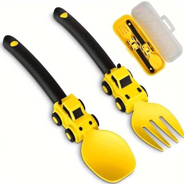 d5f65c45-6552-468c-9869-a11aa7f864df.jpg 1pc Cartoon Engineering Vehicle Themed Fork and Spoon Set with Portable Storage Box - Durable PP Material