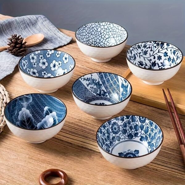 6pcs Elegant Blue and White Ceramic Bowl Set - Modern Asian-Inspired Japanese/Chinese-Style Tableware with Sturdy Gift Box, 4.5-Inch Round Durable Rice Bowls