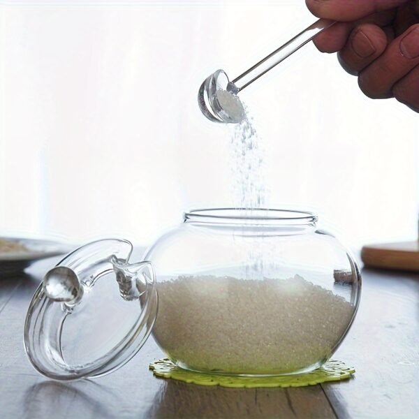 250ml Clear Glass Sugar Bowl with Spoon- Transparent Spice Jar for Kitchen