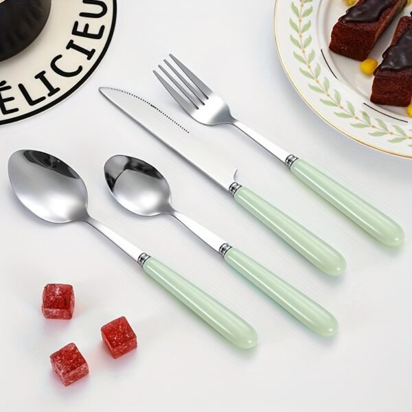 fea75793-28b6-458d-a250-07e3e117143e.jpg 4pcs Stainless Steel Cutlery Set with Glazed Ceramic Handle - Macaron Color Fork, Spoon, Knife & Rice/Soup Spoons